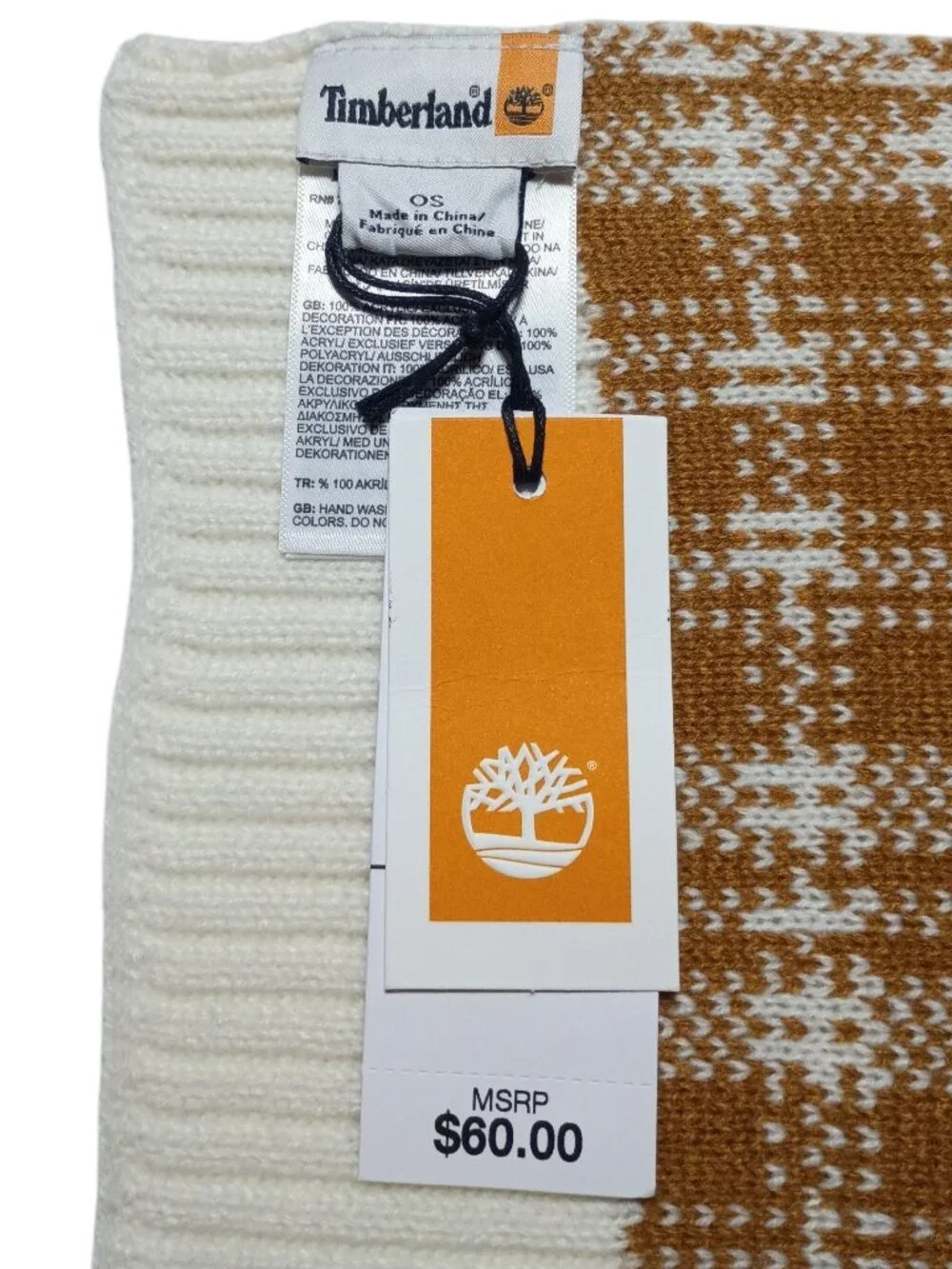 Timberland Plaid Scarf Neutral Brown / Cream Knit Soft Ribbed Edge Soft Warm